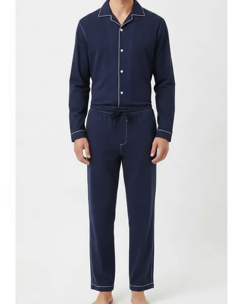Pimlico Pyjama Set in Navy, model shot on white