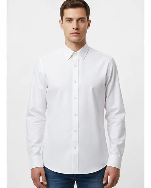 Hadley Oxford Shirt in White, model shot on white