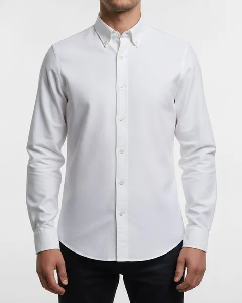 Ellis Oxford Shirt in White, model shot on white