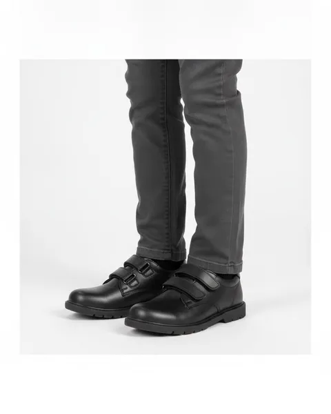 Pimlico Kids School Shoe in Black, model shot on white
