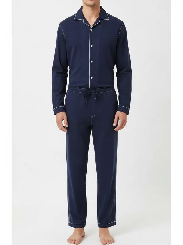 Pimlico Pyjama Set in Navy, model shot on white