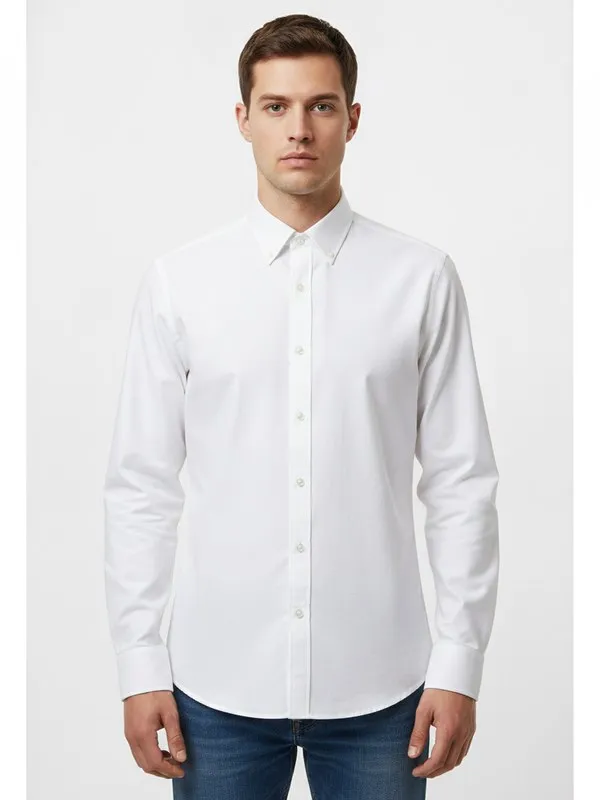 Hadley Oxford Shirt in White, model shot on white