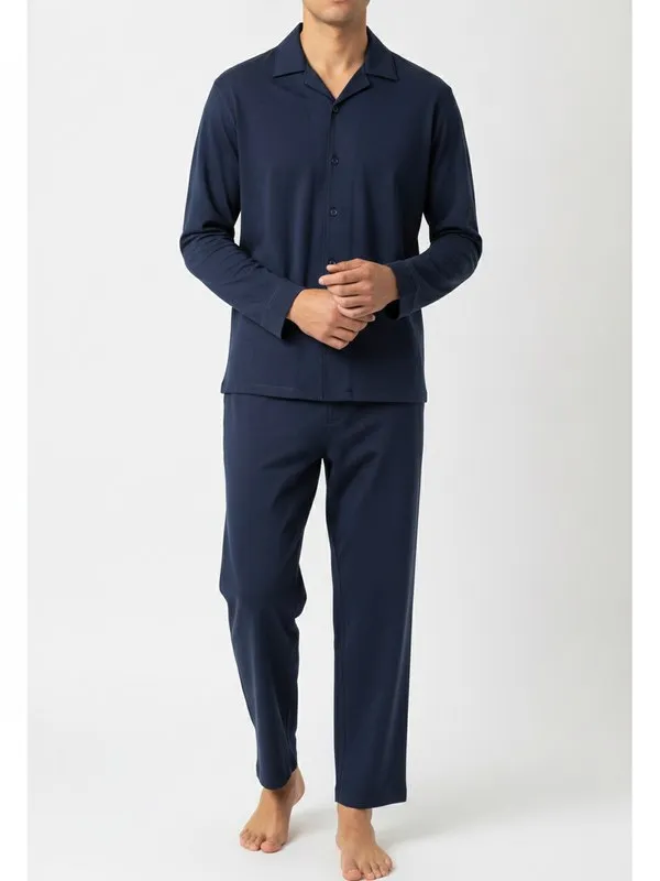 Norwood Pyjama Set in Navy, model shot on white