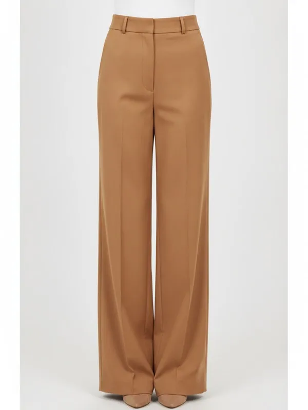 Langford Wide Leg Trouser in Camel, model shot on white
