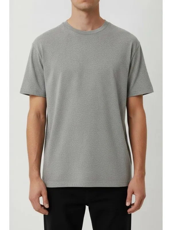 Hadley Crew Neck Tee in Heather Grey, model shot on white