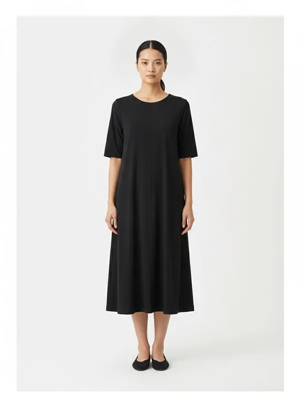 Tarn Midi Dress in Black, model shot on white