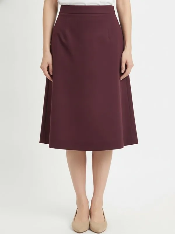 Bramley A-Line Skirt in Burgundy, model shot on white