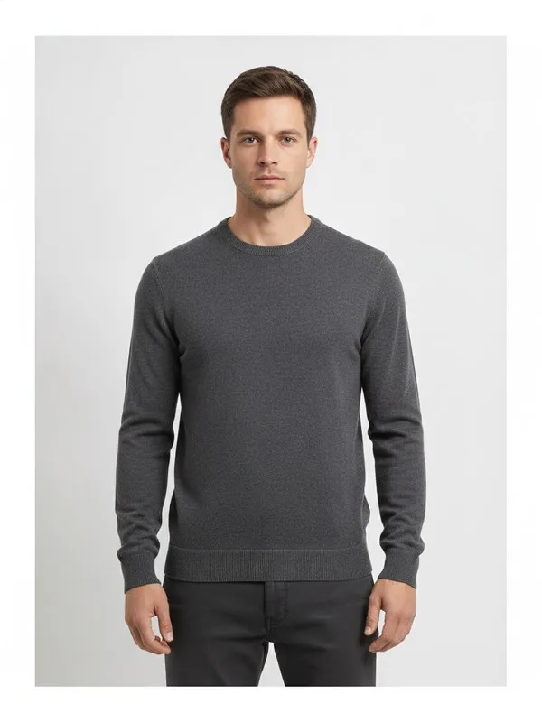 Rowan Crew Knit in Charcoal, model shot on white