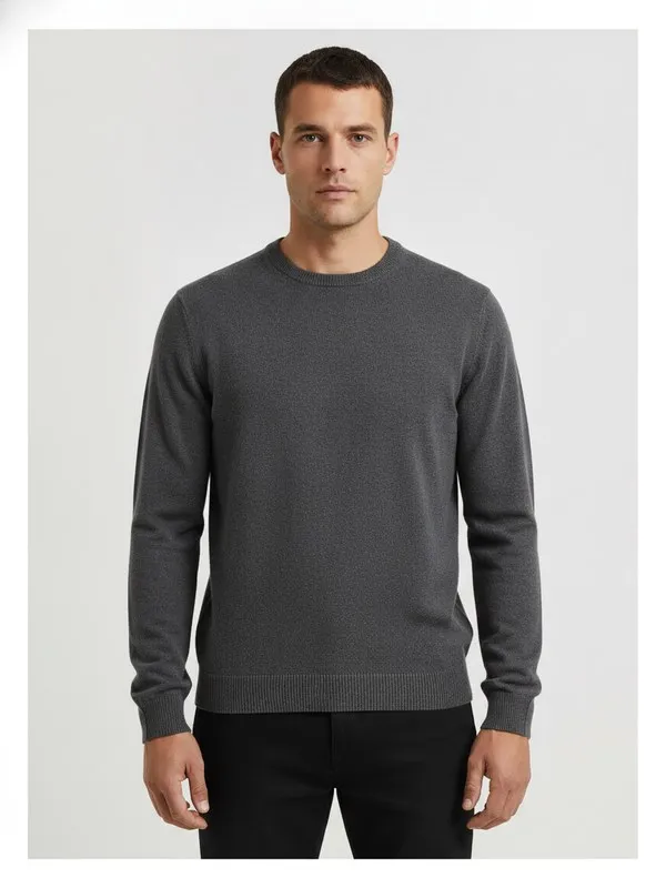Pimlico Crew Knit in Charcoal, model shot on white