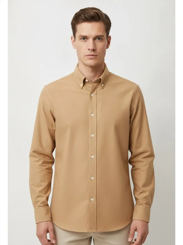 Calder Oxford Shirt in Stone, model shot on white