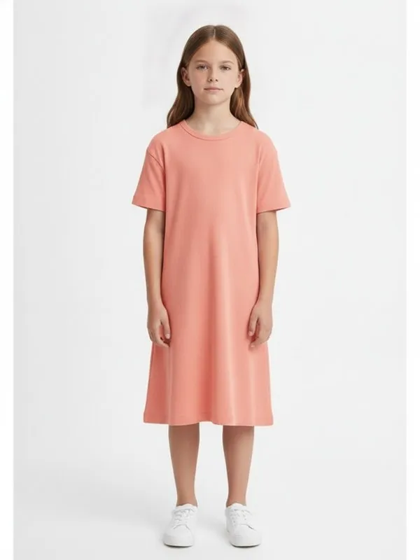 Alder Kids Day Dress in Coral, model shot on white