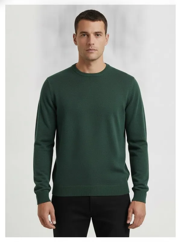 Pimlico Crew Knit in Forest, model shot on white