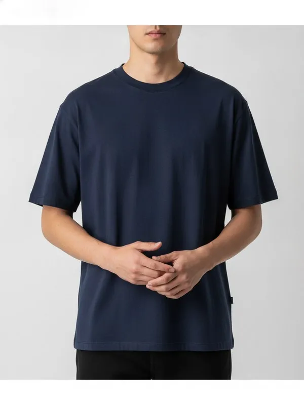 Marlow Crew Neck Tee in Navy, model shot on white