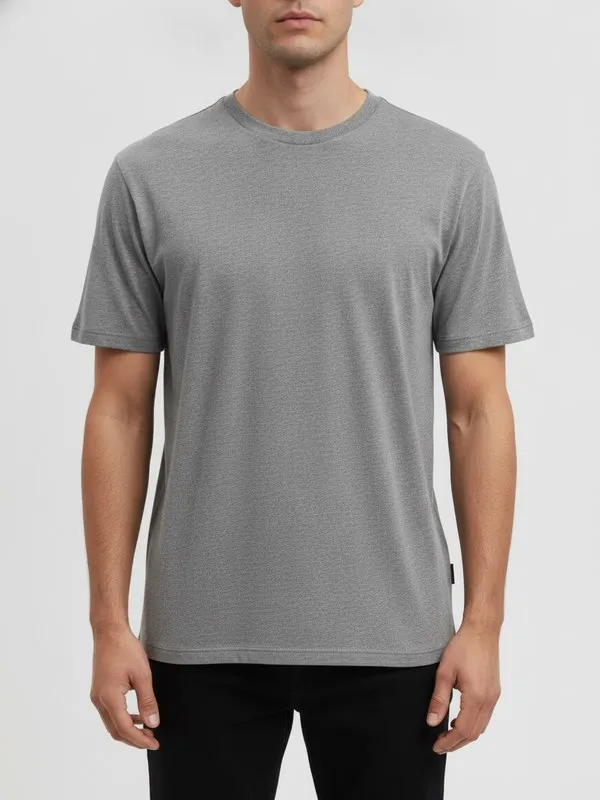 Kendall Crew Neck Tee in Heather Grey, model shot on white