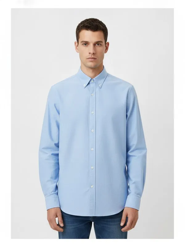 Aster Oxford Shirt in Sky Blue, model shot on white