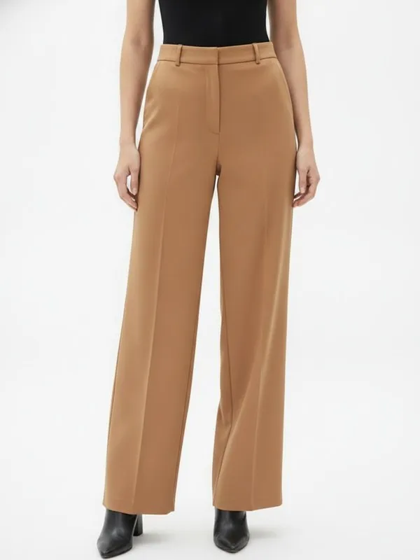 Juniper Wide Leg Trouser in Camel, model shot on white