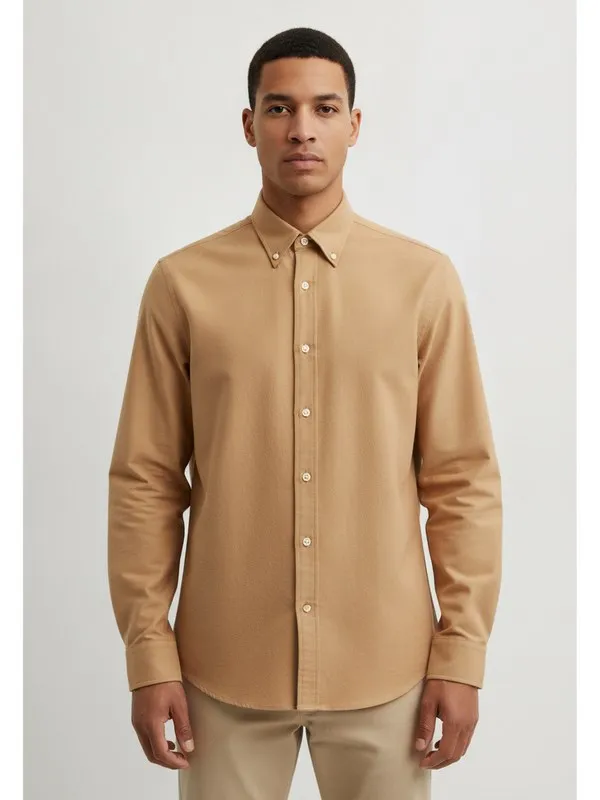 Aster Oxford Shirt in Stone, model shot on white