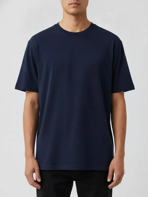 Ellis Crew Neck Tee in Navy, model shot on white