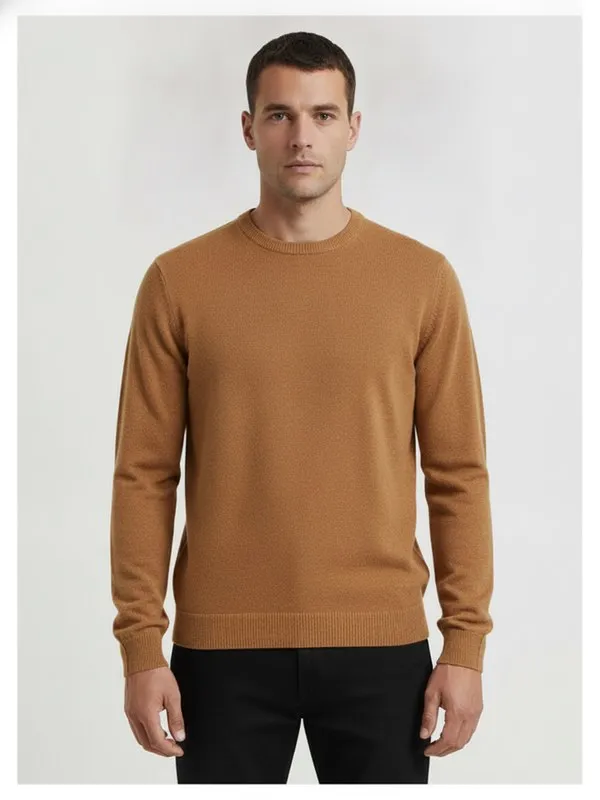 Pimlico Crew Knit in Camel, model shot on white
