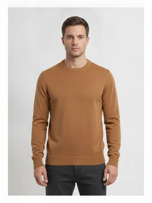 Rowan Crew Knit in Camel, model shot on white