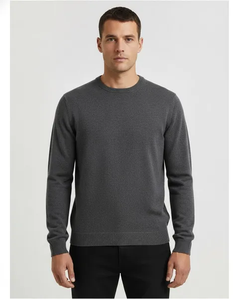 Pimlico Crew Knit in Charcoal, model shot on white